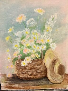 Original hand painted flower basket, summer vibe wall decor